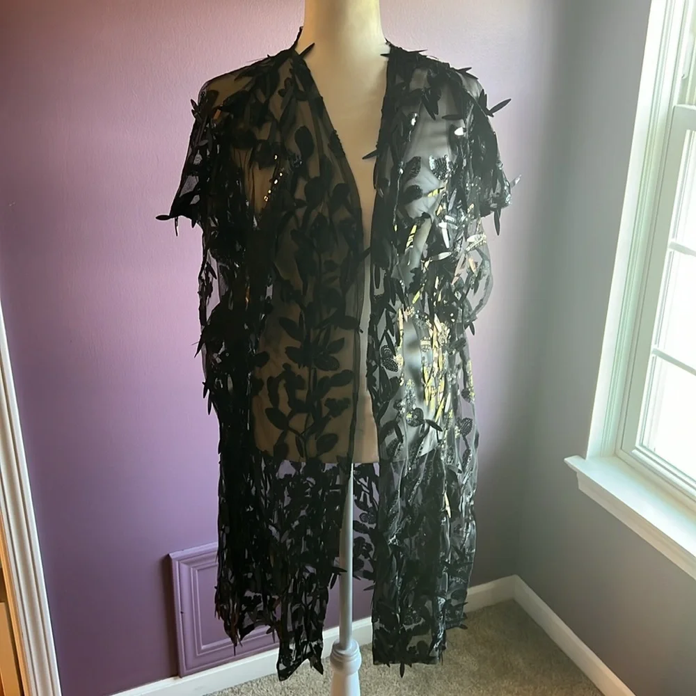 Cezanne black sequin feather Ruana Shawl cover up jacket one size